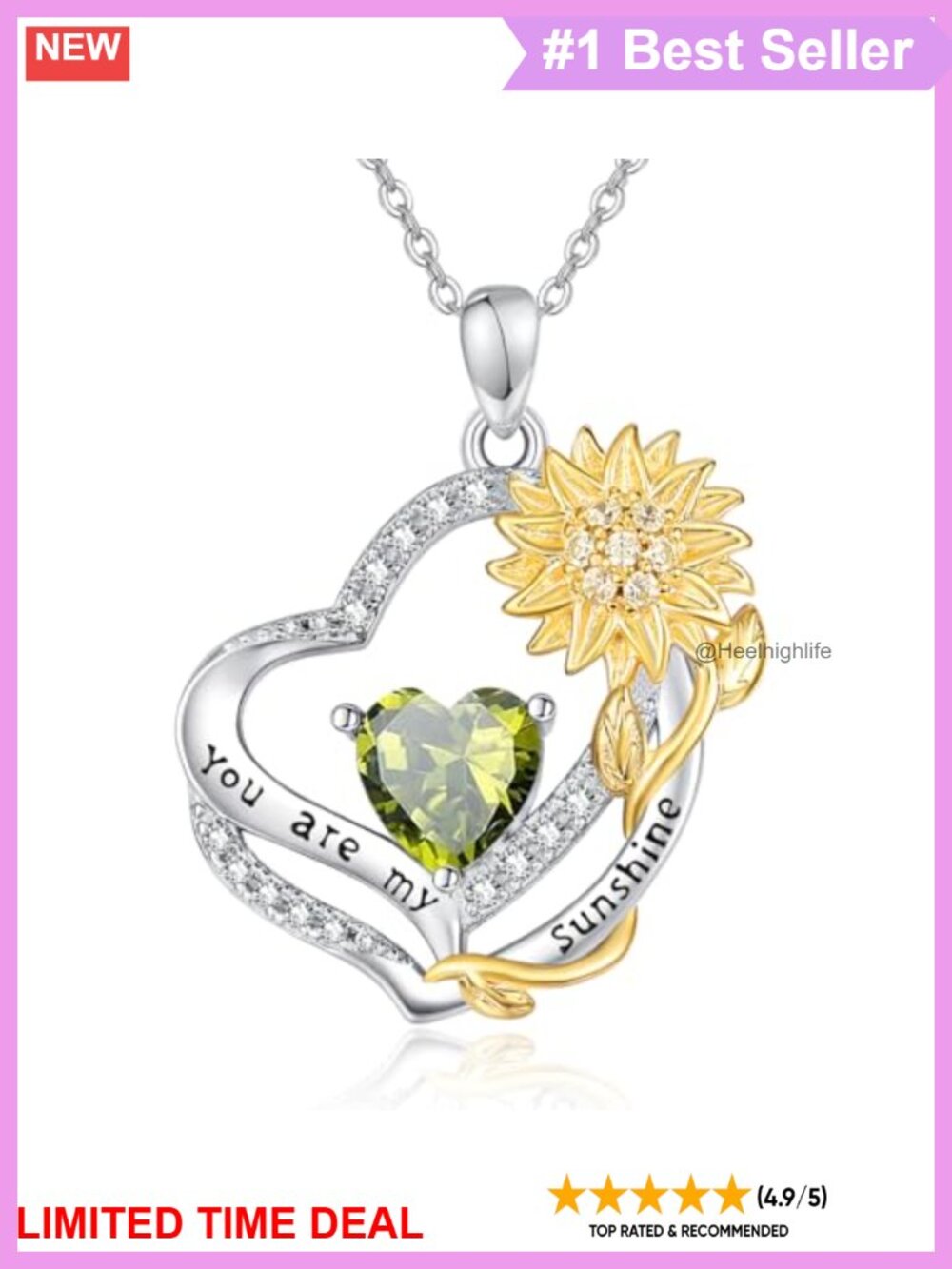 925 Sterling Silver Sunflower August Birthstone Heart Pendant Necklace 18in